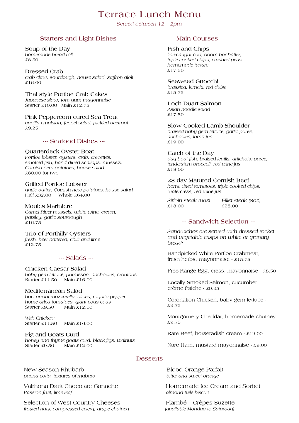 Terrace Lunch Menu Served Between 12 – 2Pm