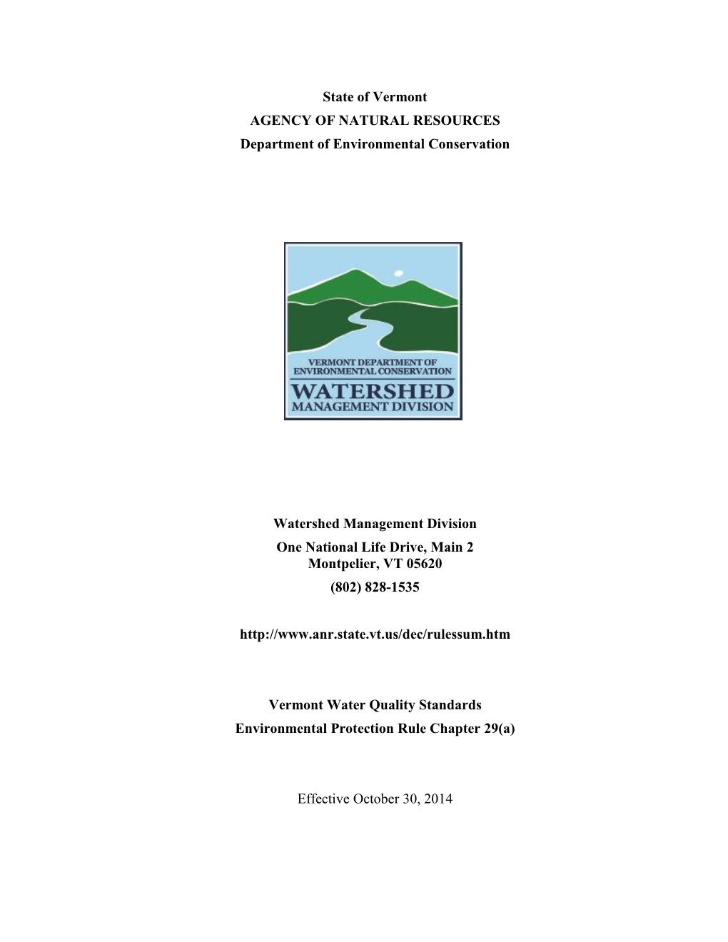 Vermont Water Quality Standards Environmental Protection Rule Chapter 29(A)