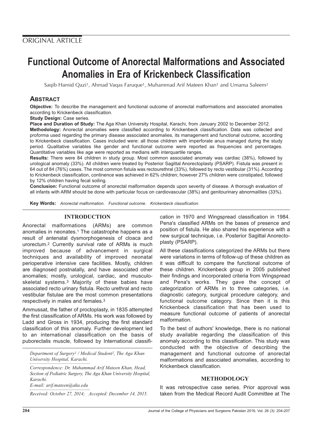 Functional Outcome of Anorectal Malformations and Associated Anomalies in Era of Krickenbeck Classification