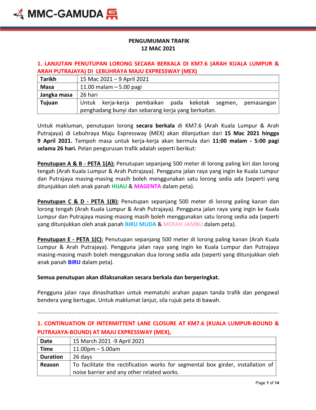 Pengumuman Trafik 12 Mac 2021 1. Lanjutan Penutupan