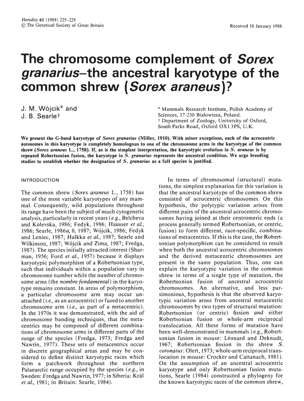 The Chromosome Complement of Sorex Common Shrew