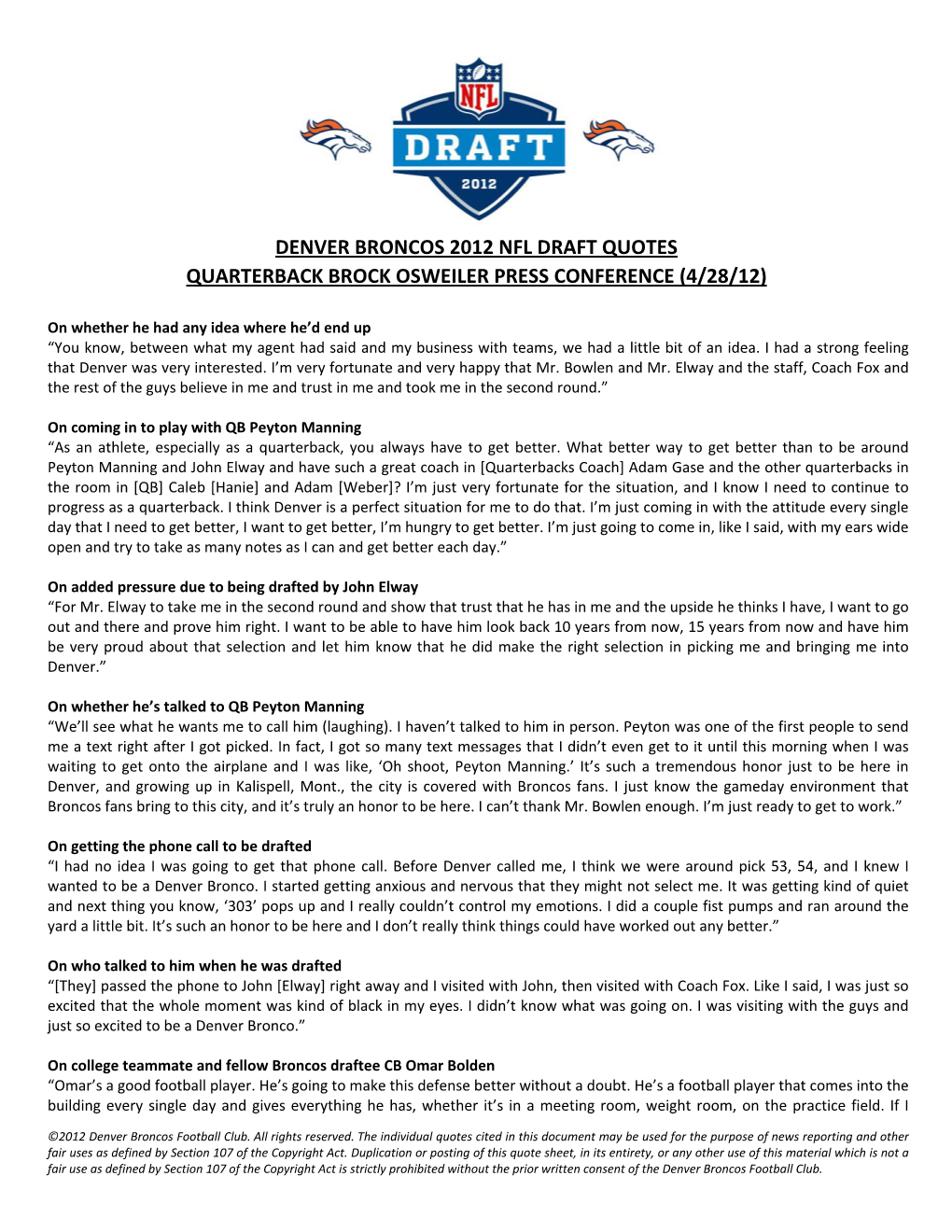 Denver Broncos 2012 Nfl Draft Quotes Quarterback Brock Osweiler Press Conference (4/28/12)