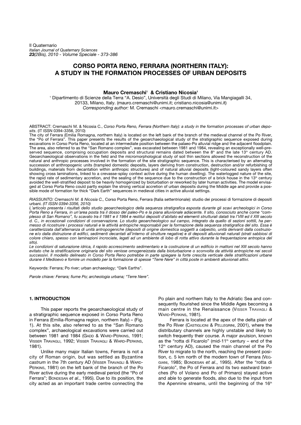 Corso Porta Reno, Ferrara (Northern Italy): a Study in the Formation Processes of Urban Deposits