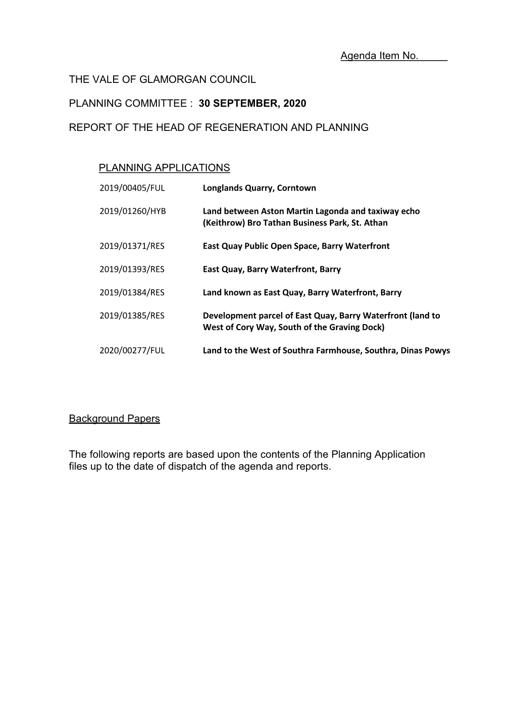 Planning Committee Report 30 September 2020