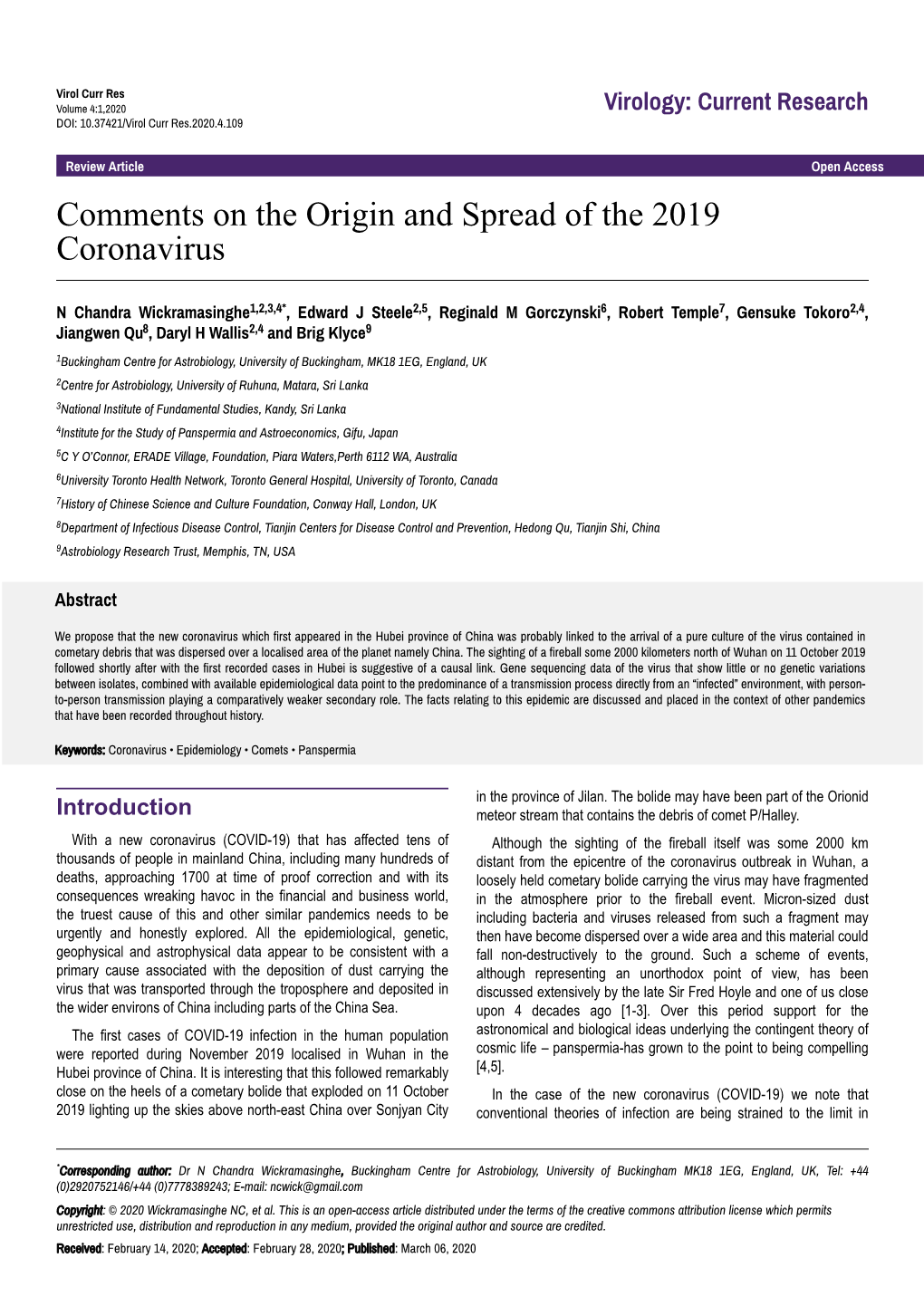 Comments on the Origin and Spread of the 2019 Coronavirus