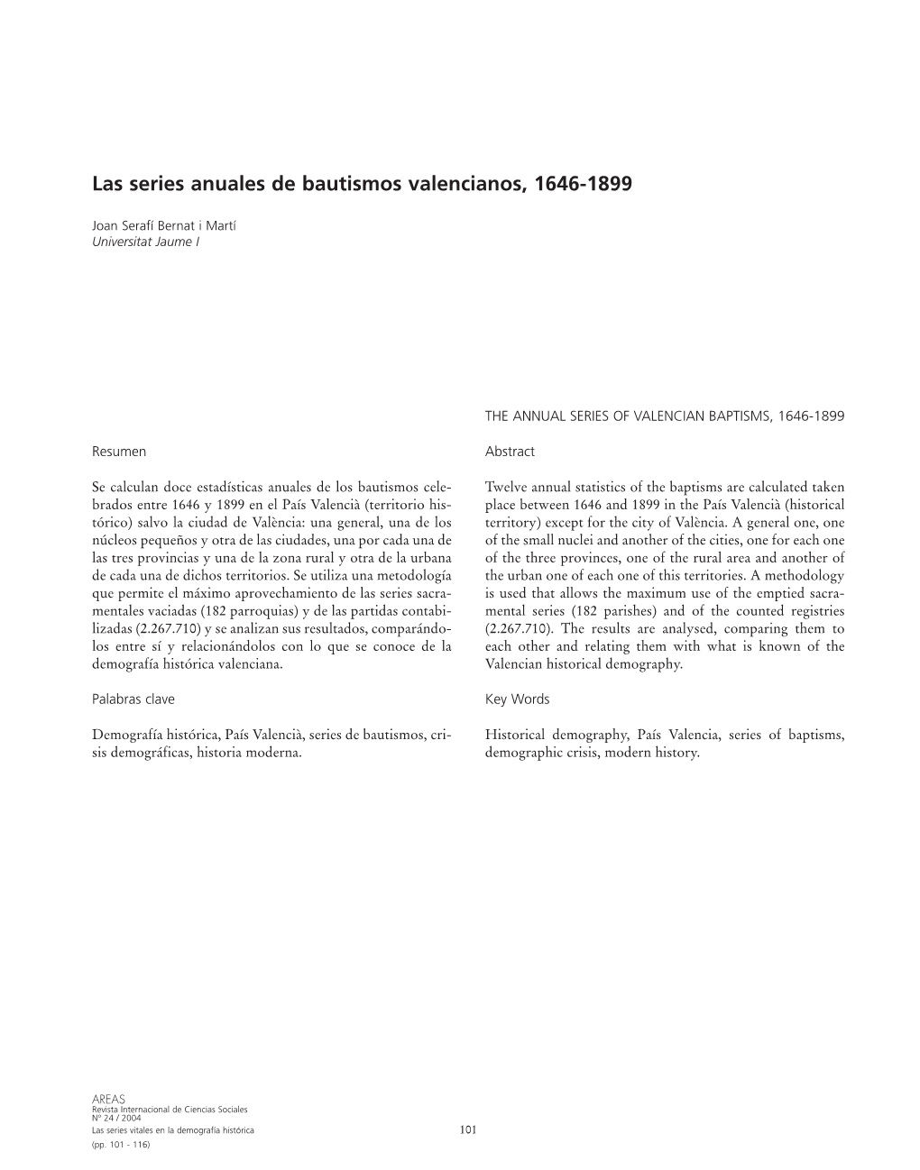 Las Series Anuales De Bautismos Valencianos, 1646-1899