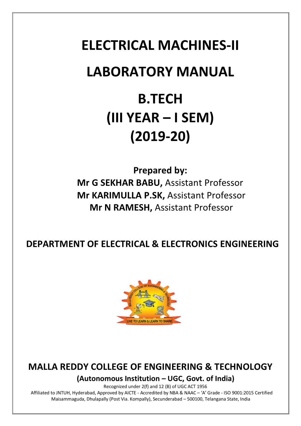 Electrical Machines-Ii Laboratory Manual B.Tech (Iii Year – I Sem) (2019-20)
