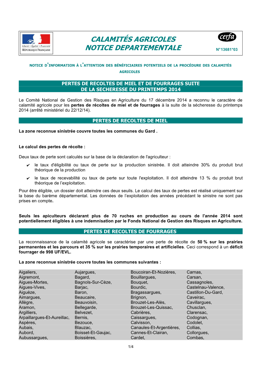 Calamités Agricoles Notice Departementale