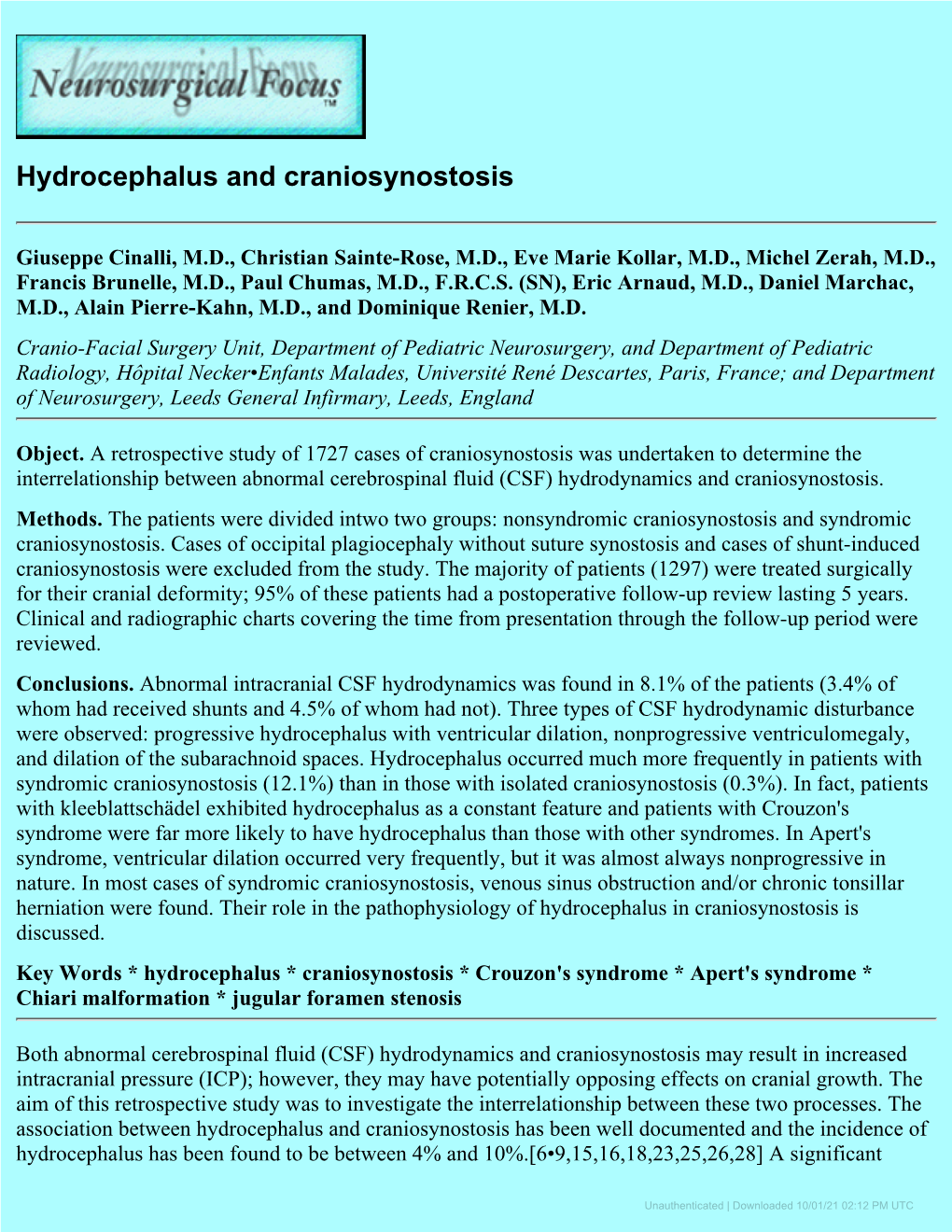 Hydrocephalus and Craniosynostosis