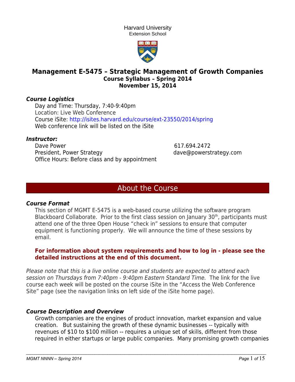 Management E-5475 Strategic Management of Growth Companies