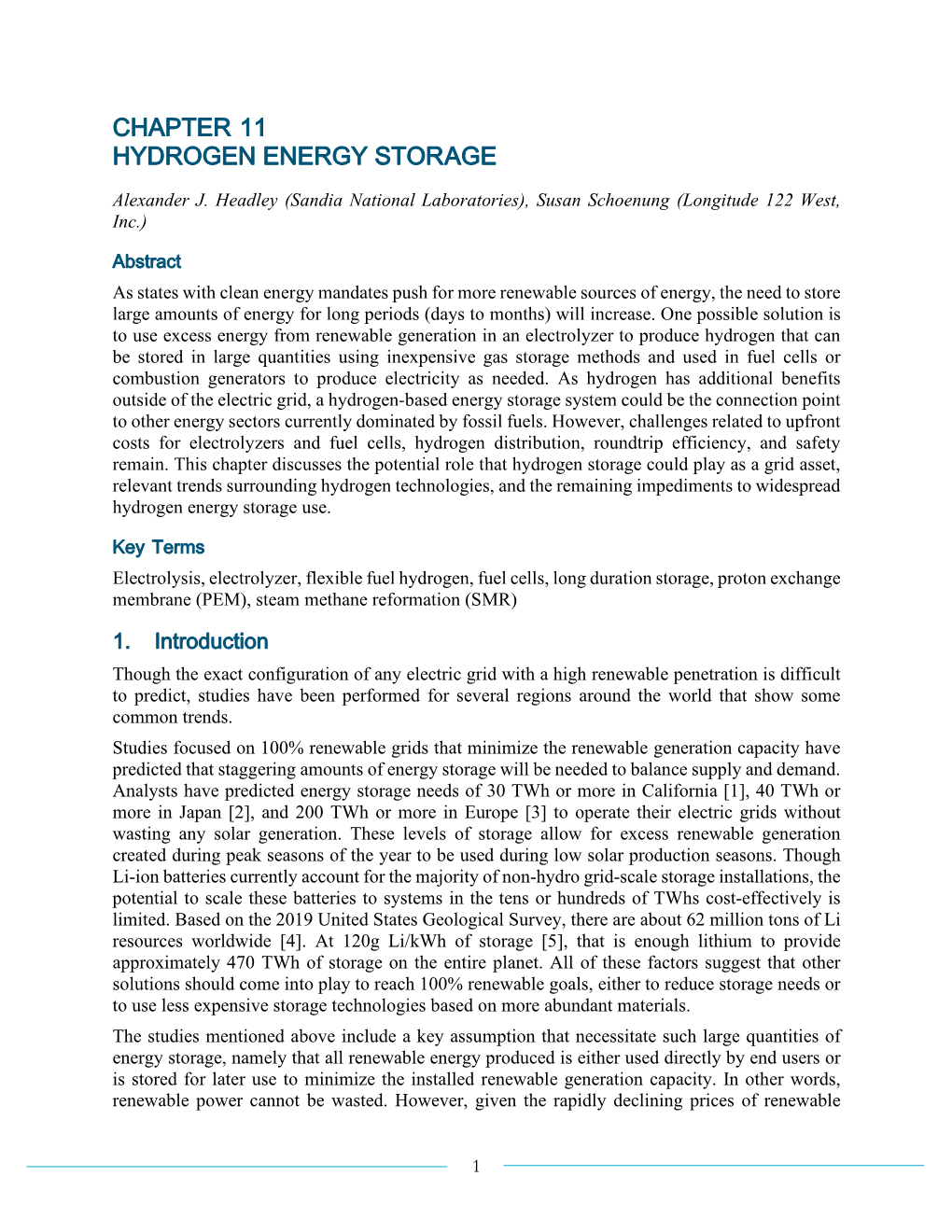 DOE ESHB Chapter 11 Hydrogen Energy Storage