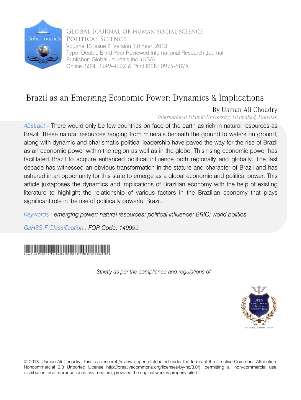 Brazil As an Emerging Economic Power: Dynamics & Implications