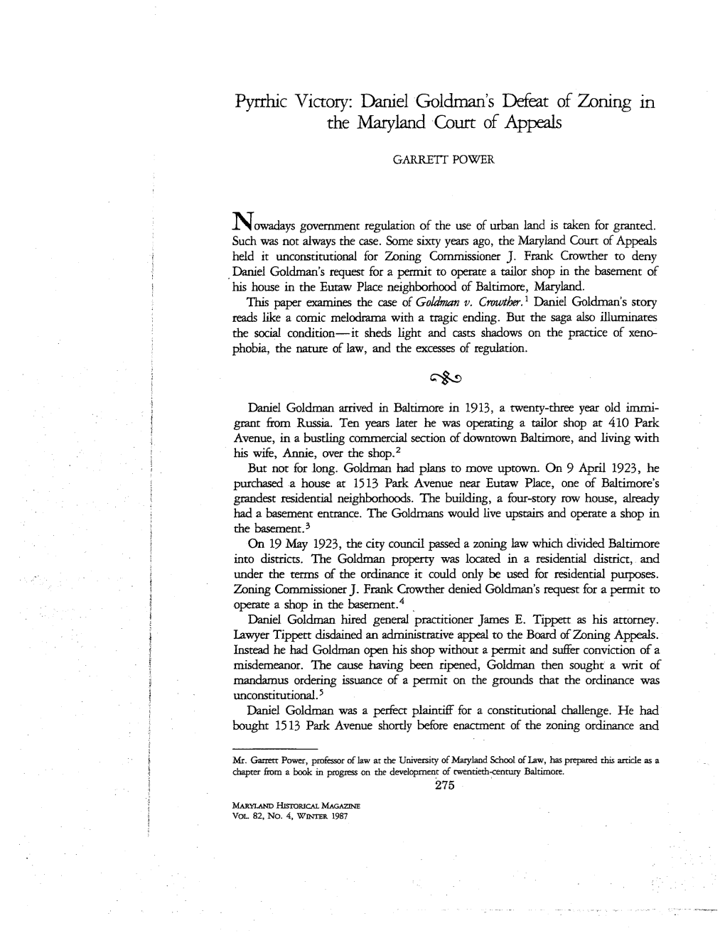 Daniel Goldman's Defeat of Zoning in the Maryland Court of Appeals Proved a Pyrrhic Viaory