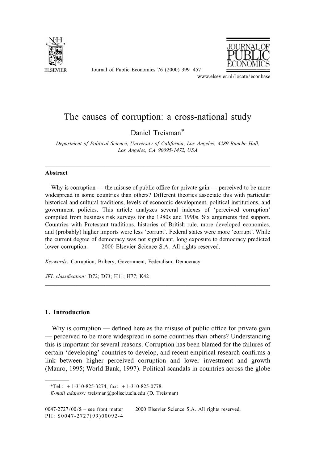 The Causes of Corruption: a Cross-National Study