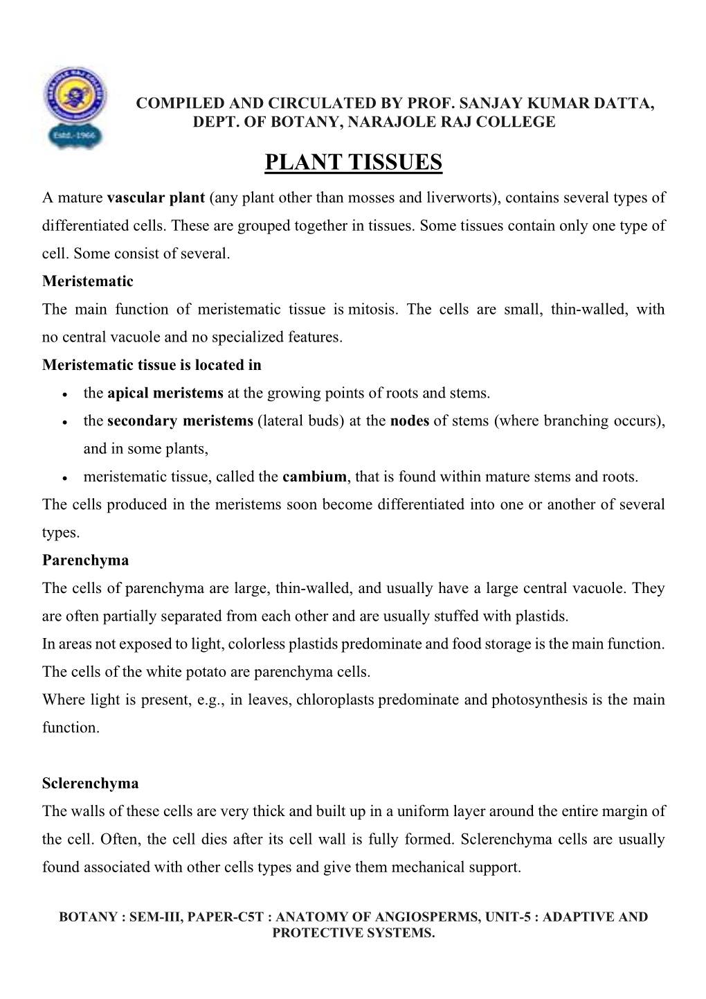 PLANT TISSUES a Mature Vascular Plant (Any Plant Other Than Mosses and Liverworts), Contains Several Types of Differentiated Cells