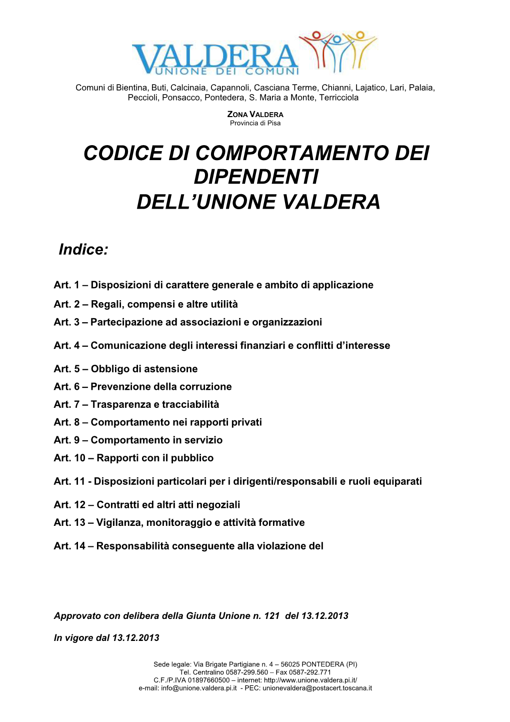 Codice Di Comportamento Dei Dipendenti Dell’Unione Valdera