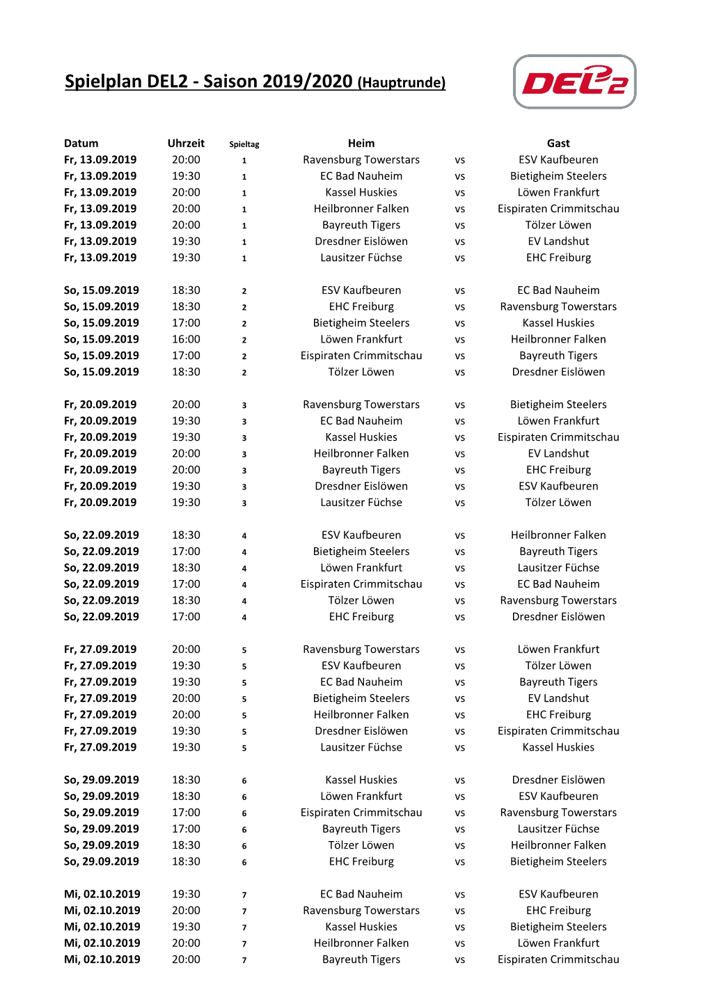 Spielplan DEL2 - Saison 2019/2020 (Hauptrunde)