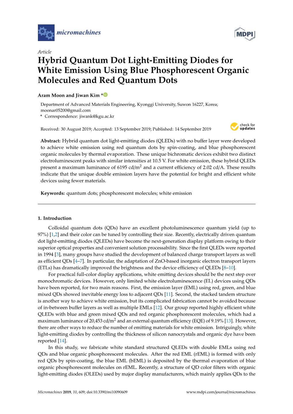 Hybrid Quantum Dot Light-Emitting Diodes for White Emission Using Blue Phosphorescent Organic Molecules and Red Quantum Dots