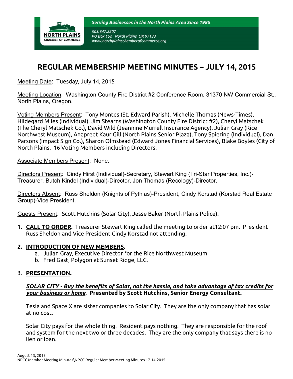 Regular Membership Meeting Minutes – July 14, 2015
