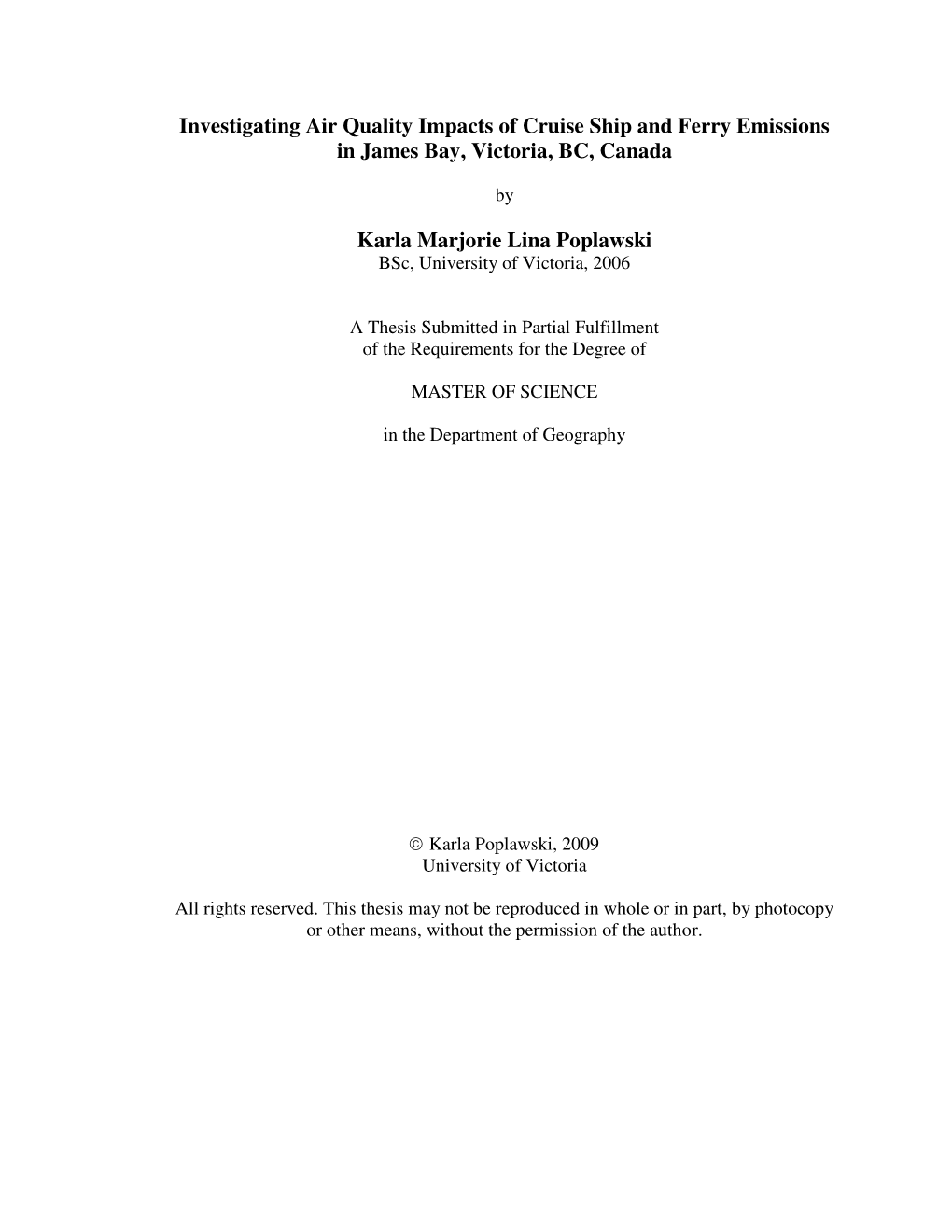 Investigating Air Quality Impacts of Cruise Ship and Ferry Emissions in James Bay, Victoria, BC, Canada