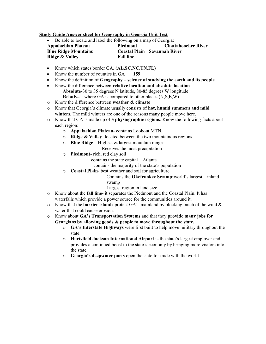 Study Guide Answer Sheet for Geography in Georgia Unit Test