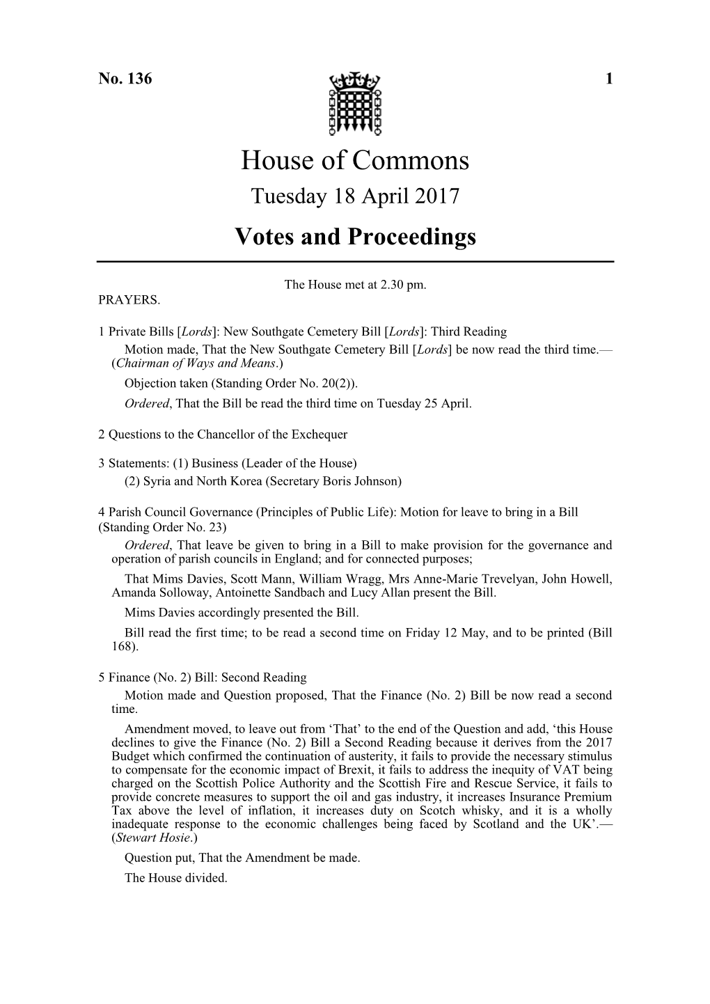 House of Commons Tuesday 18 April 2017 Votes and Proceedings