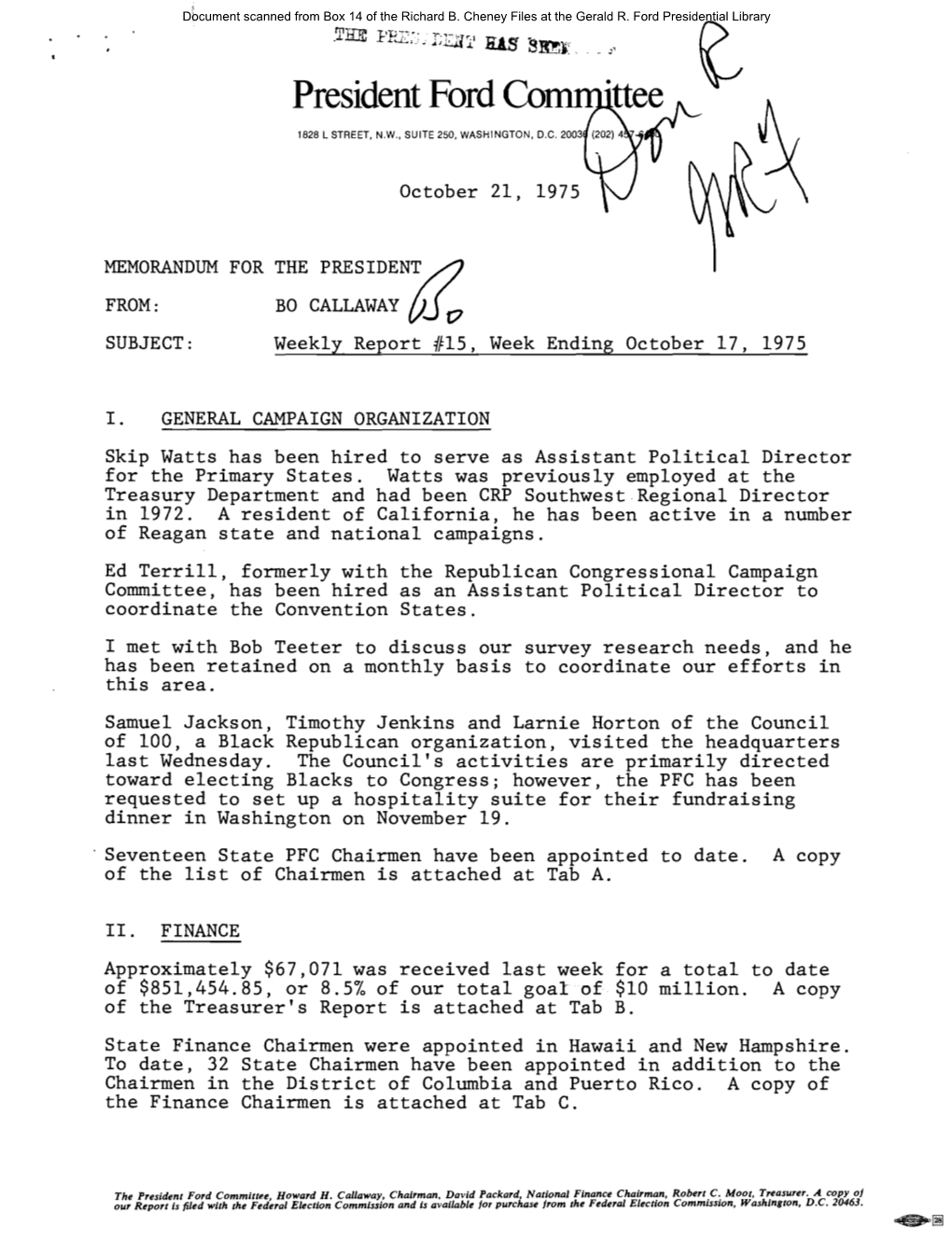 President Ford Committee Weekly Report #15, October 21, 1975