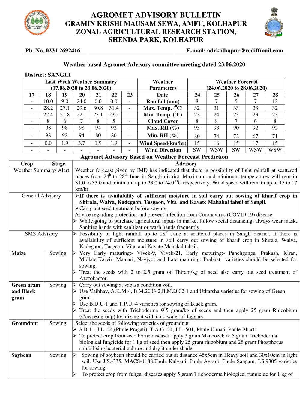 Agromet Advisory Bulletin Gramin Krishi Mausam Sewa, Amfu, Kolhapur Zonal Agricultural Research Station, Shenda Park, Kolhapur