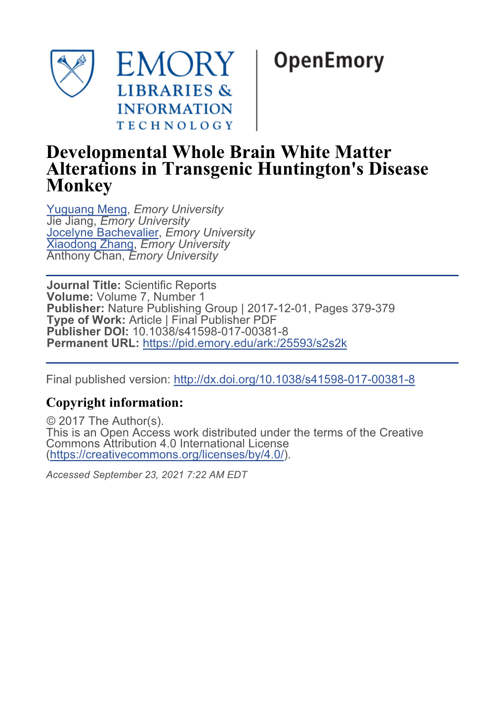 Developmental Whole Brain White Matter