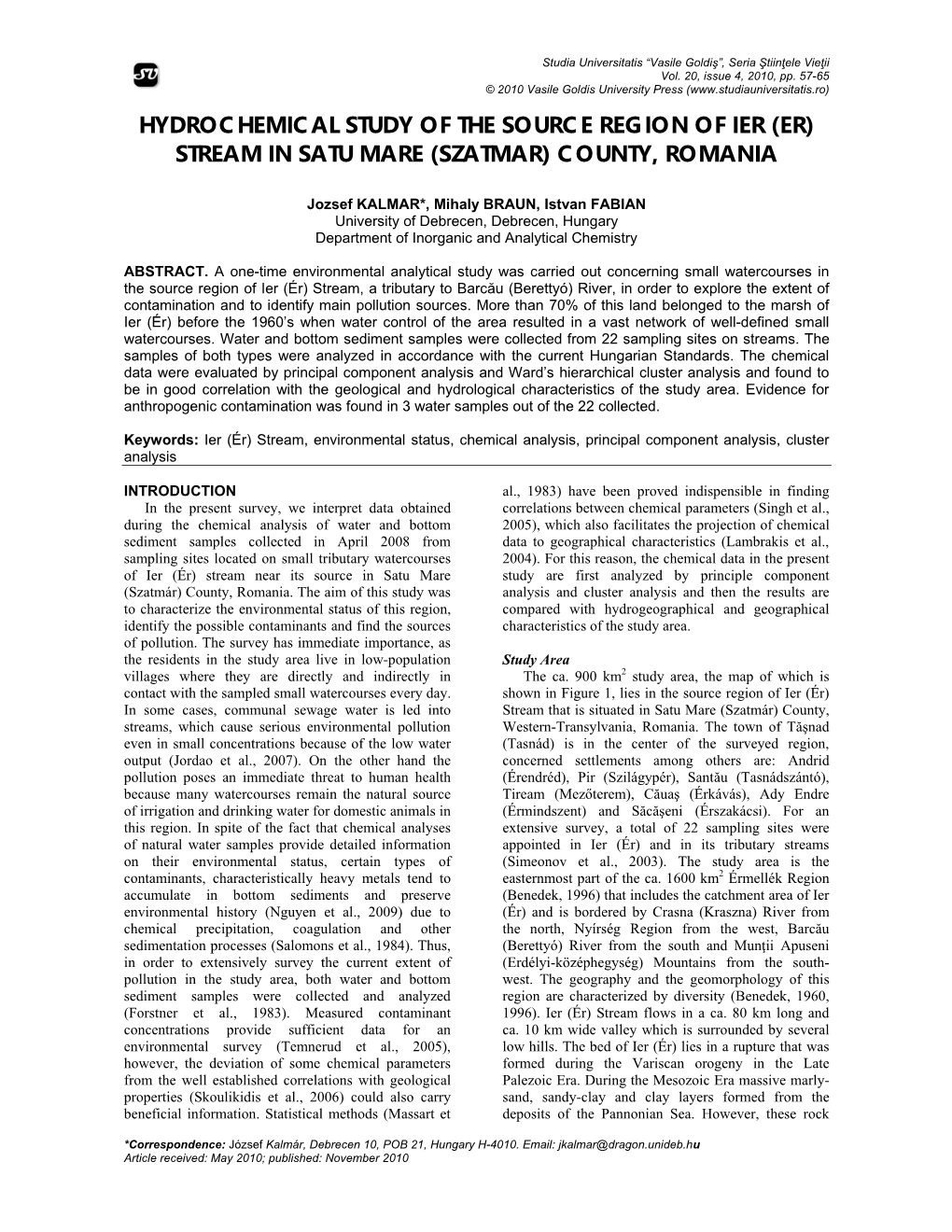 Hydrochemical Study of the Source Region of Ier (Er) Stream in Satu Mare (Szatmar) County, Romania