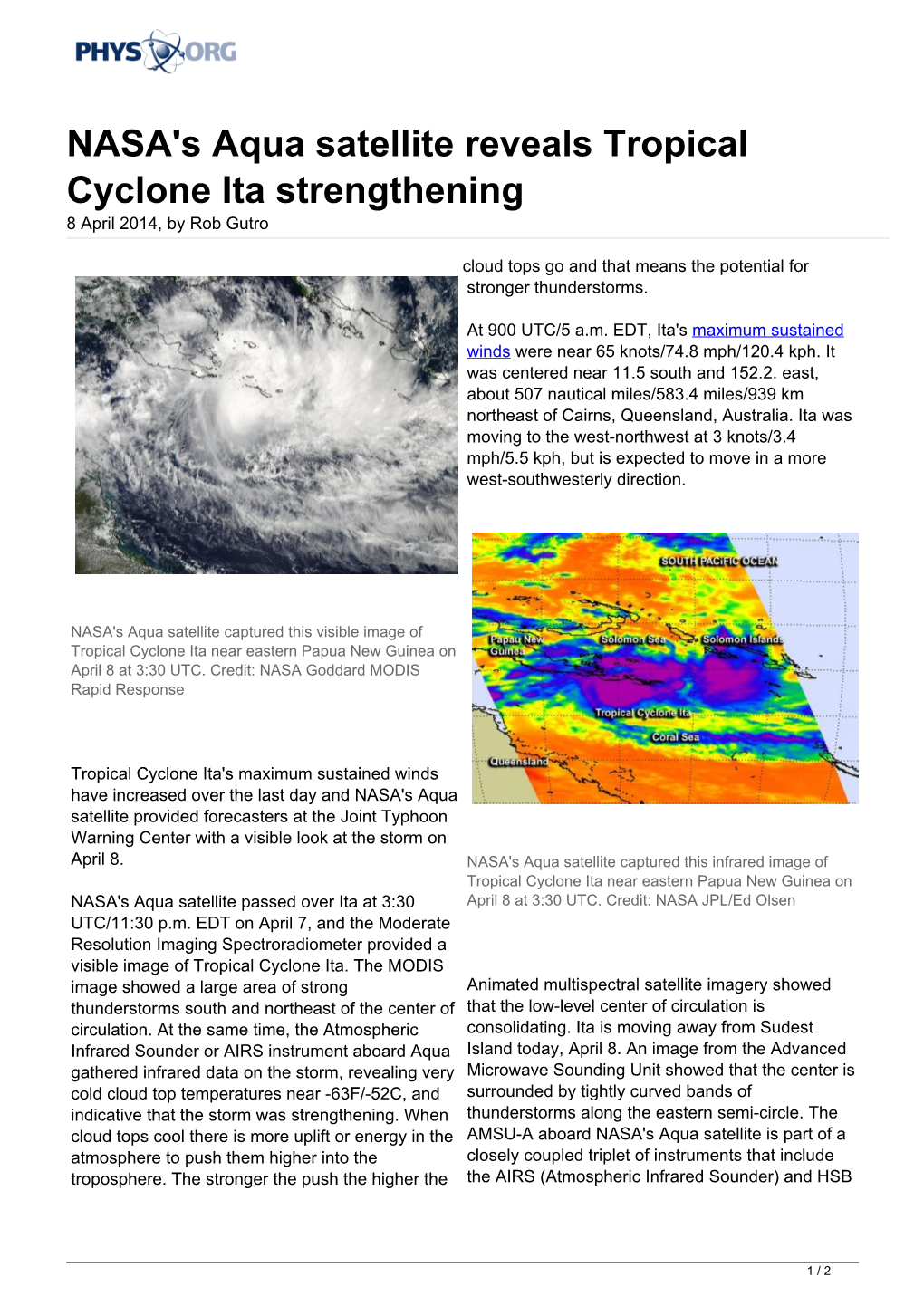 NASA's Aqua Satellite Reveals Tropical Cyclone Ita Strengthening 8 April 2014, by Rob Gutro