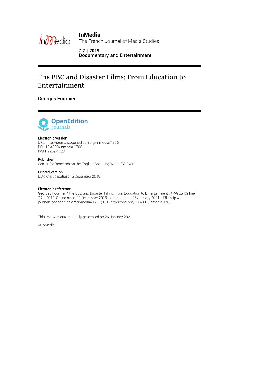 The BBC and Disaster Films: from Education to Entertainment