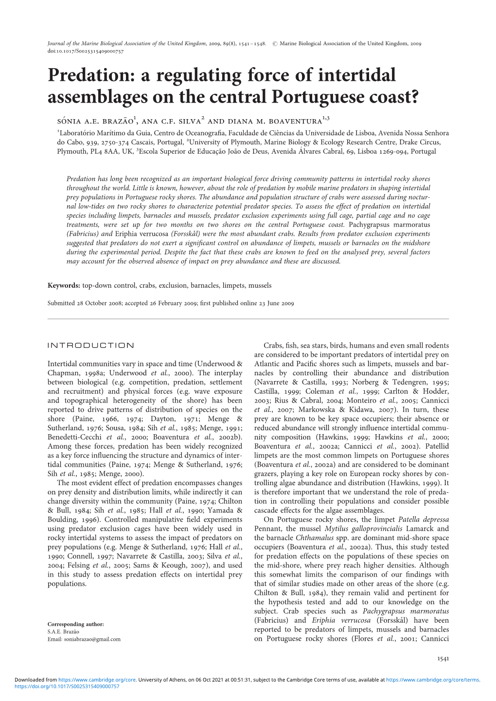 Predation: a Regulating Force of Intertidal Assemblages on the Central Portuguese Coast? So’ Nia A.E