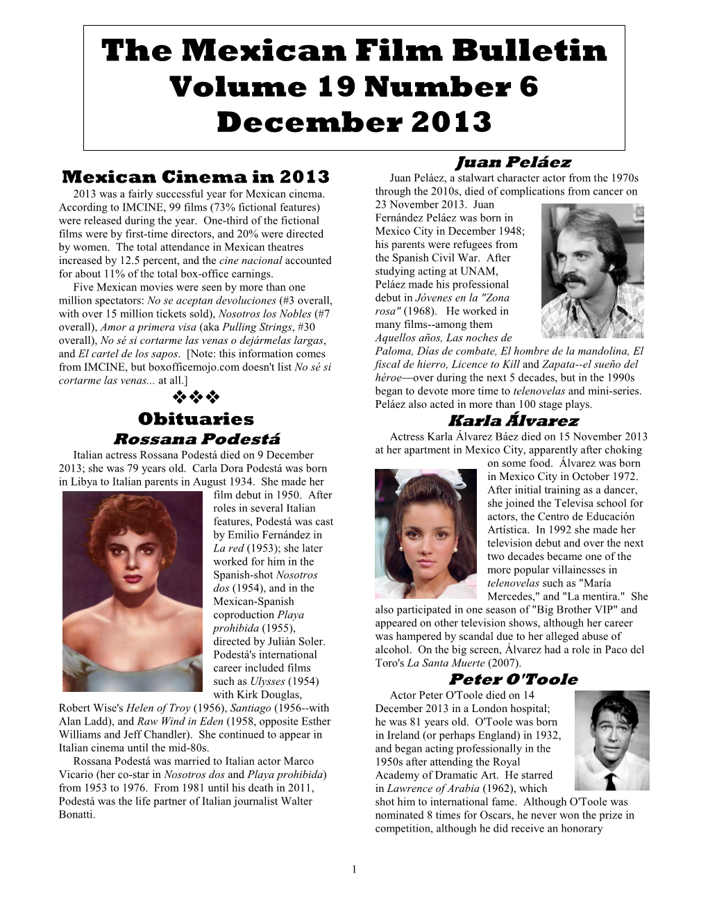 THE MEXICAN FILM BULLETIN Volume 19 Number 6 (December 2013) the Mexican Film Bulletin