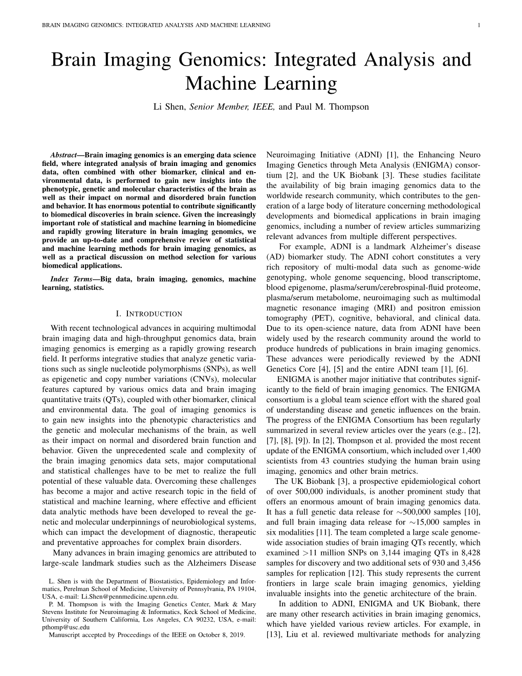 Brain Imaging Genomics: Integrated Analysis and Machine Learning 1