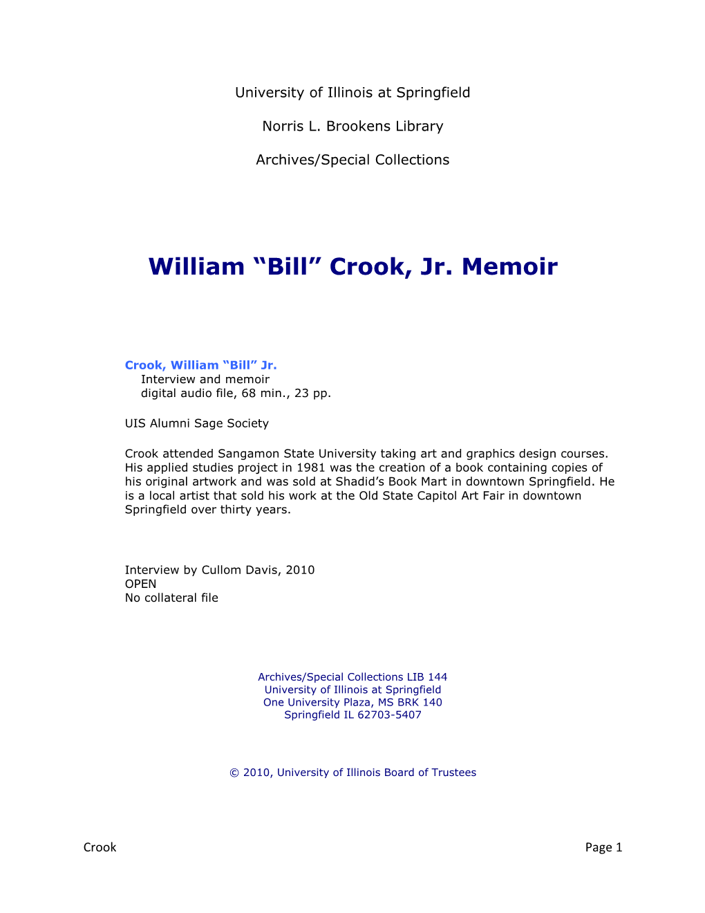 William “Bill” Crook, Jr. Memoir