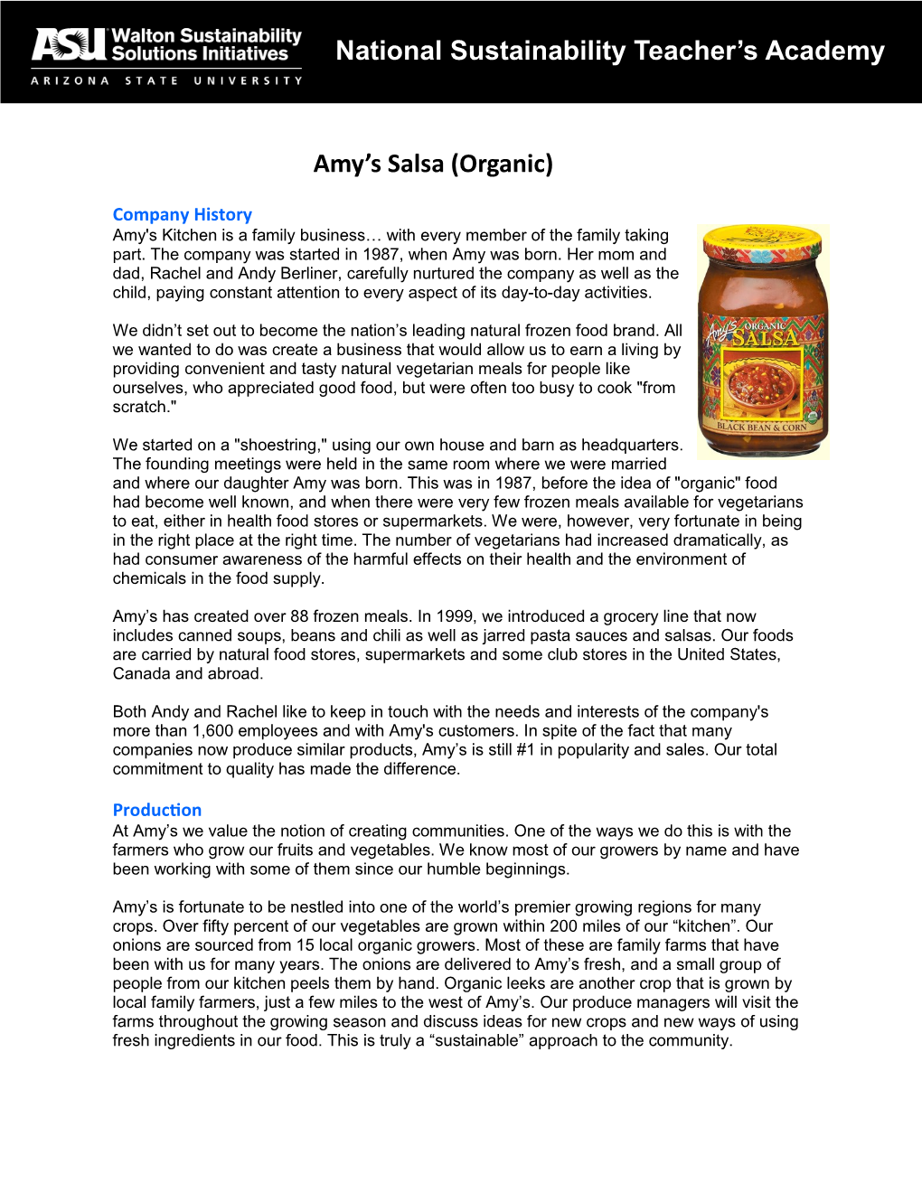 National Sustainability Teacher's Academy Amy's Salsa (Organic)