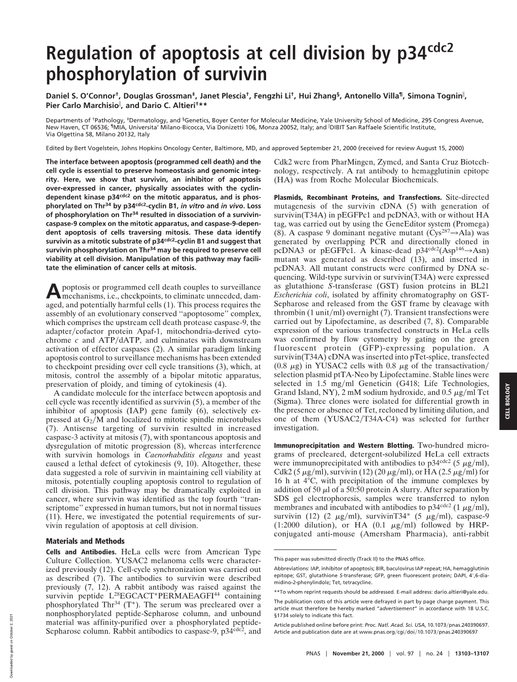 Regulation of Apoptosis at Cell Division by P34 Phosphorylation of Survivin