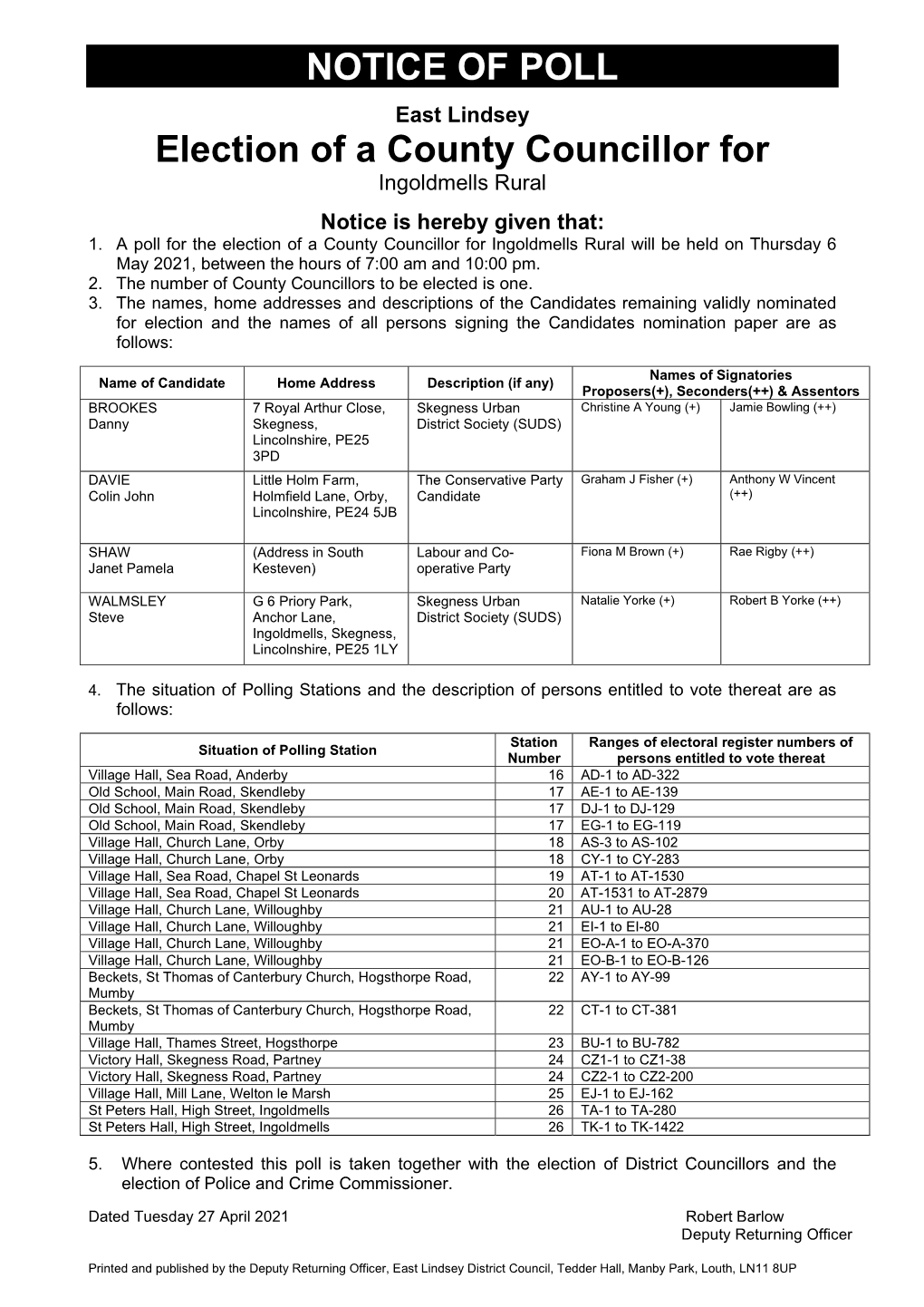 Candidates Remaining Validly Nominated for Election and the Names of All Persons Signing the Candidates Nomination Paper Are As Follows