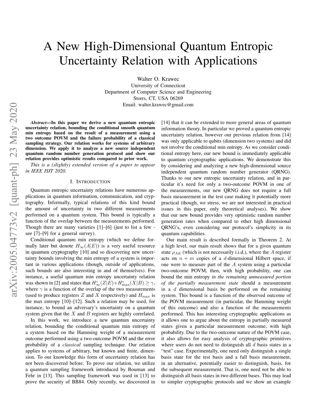 A New High-Dimensional Quantum Entropic Uncertainty Relation with Applications