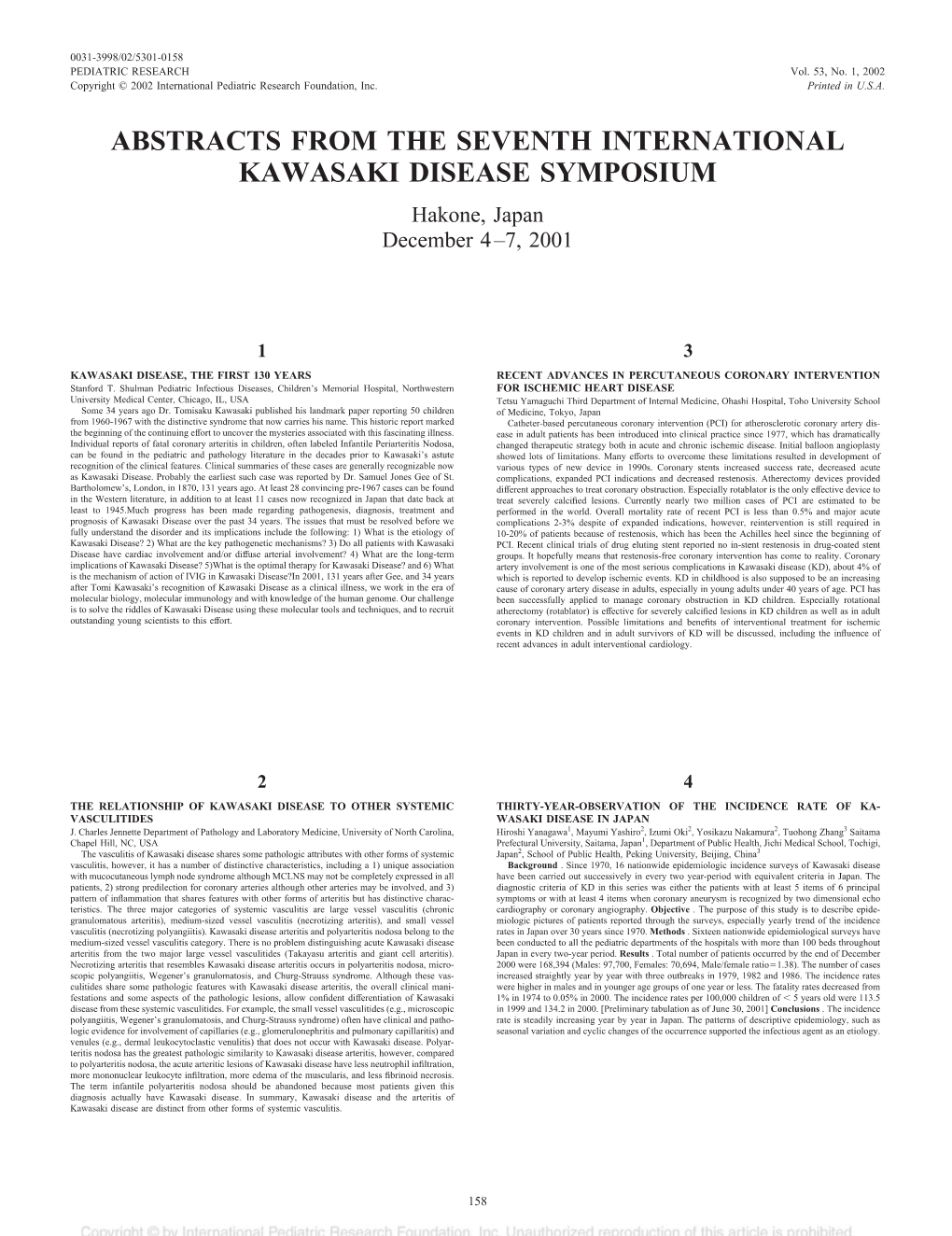ABSTRACTS from the SEVENTH INTERNATIONAL KAWASAKI DISEASE SYMPOSIUM Hakone, Japan December 4–7, 2001