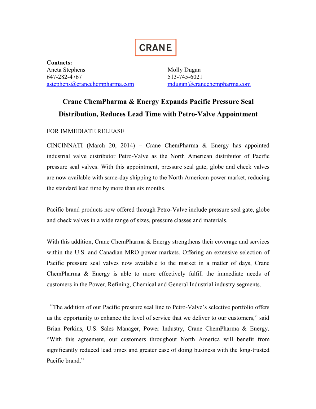 Crane Chempharma & Energy Expands Pacific Pressure Seal Distribution, Reduces Lead Time