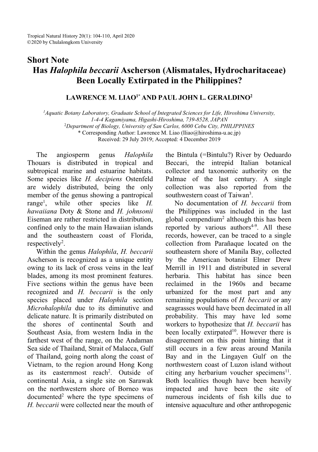 Short Note Has Halophila Beccarii Ascherson (Alismatales, Hydrocharitaceae) Been Locally Extirpated in the Philippines?