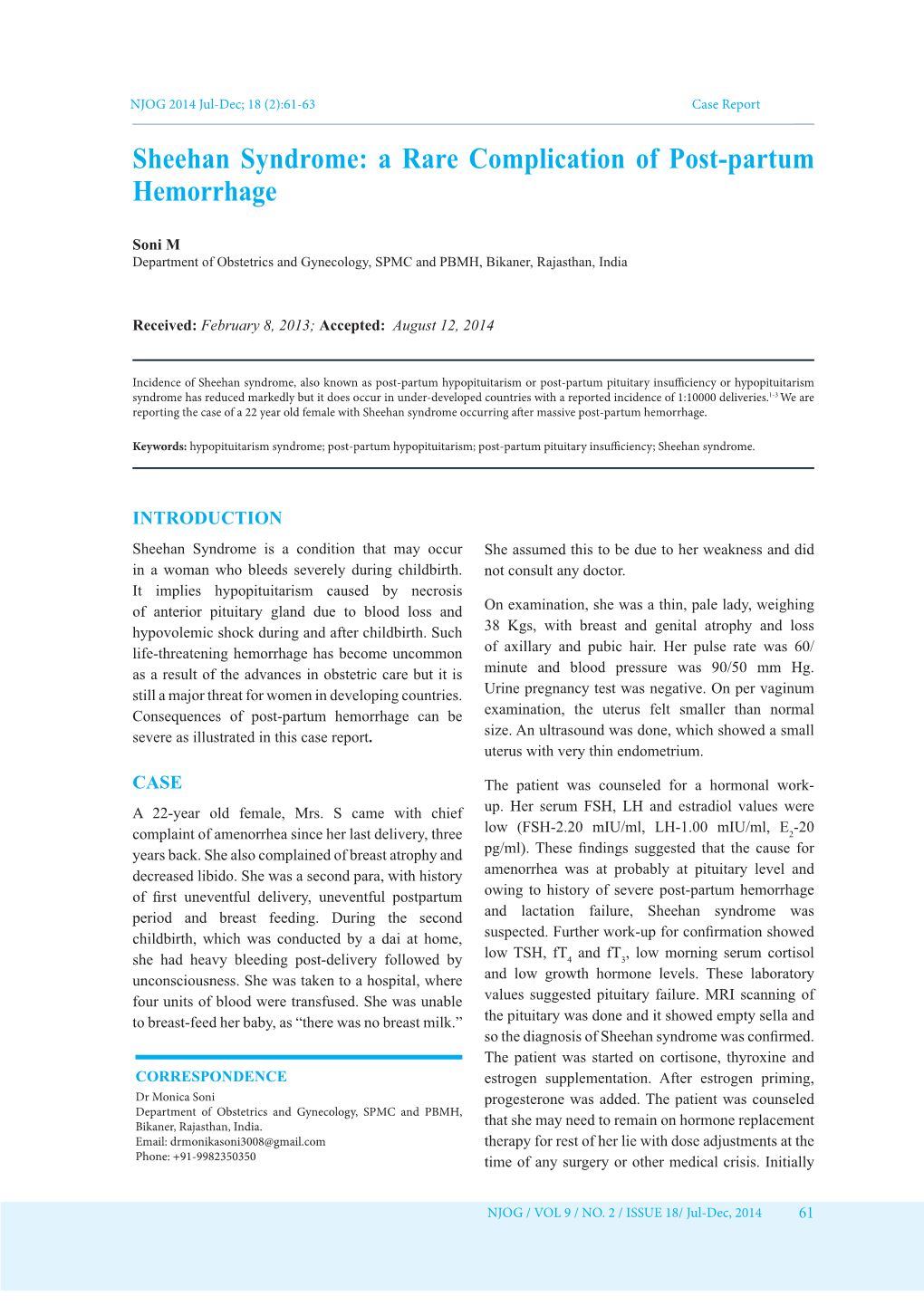 Sheehan Syndrome: a Rare Complication of Post-Partum Hemorrhage