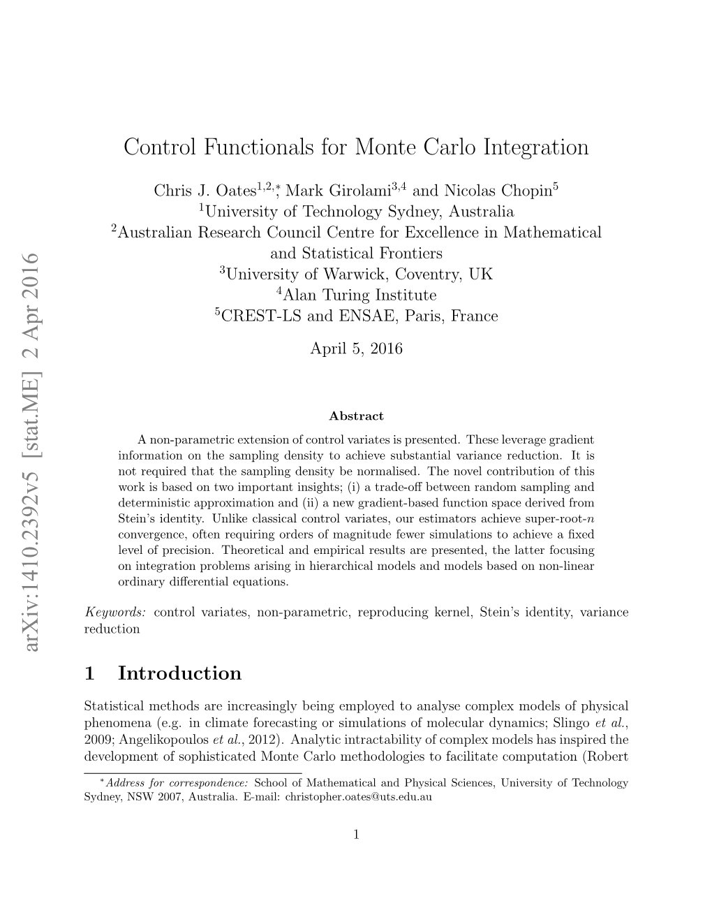 Control Functionals for Monte Carlo Integration Arxiv:1410.2392V5 [Stat