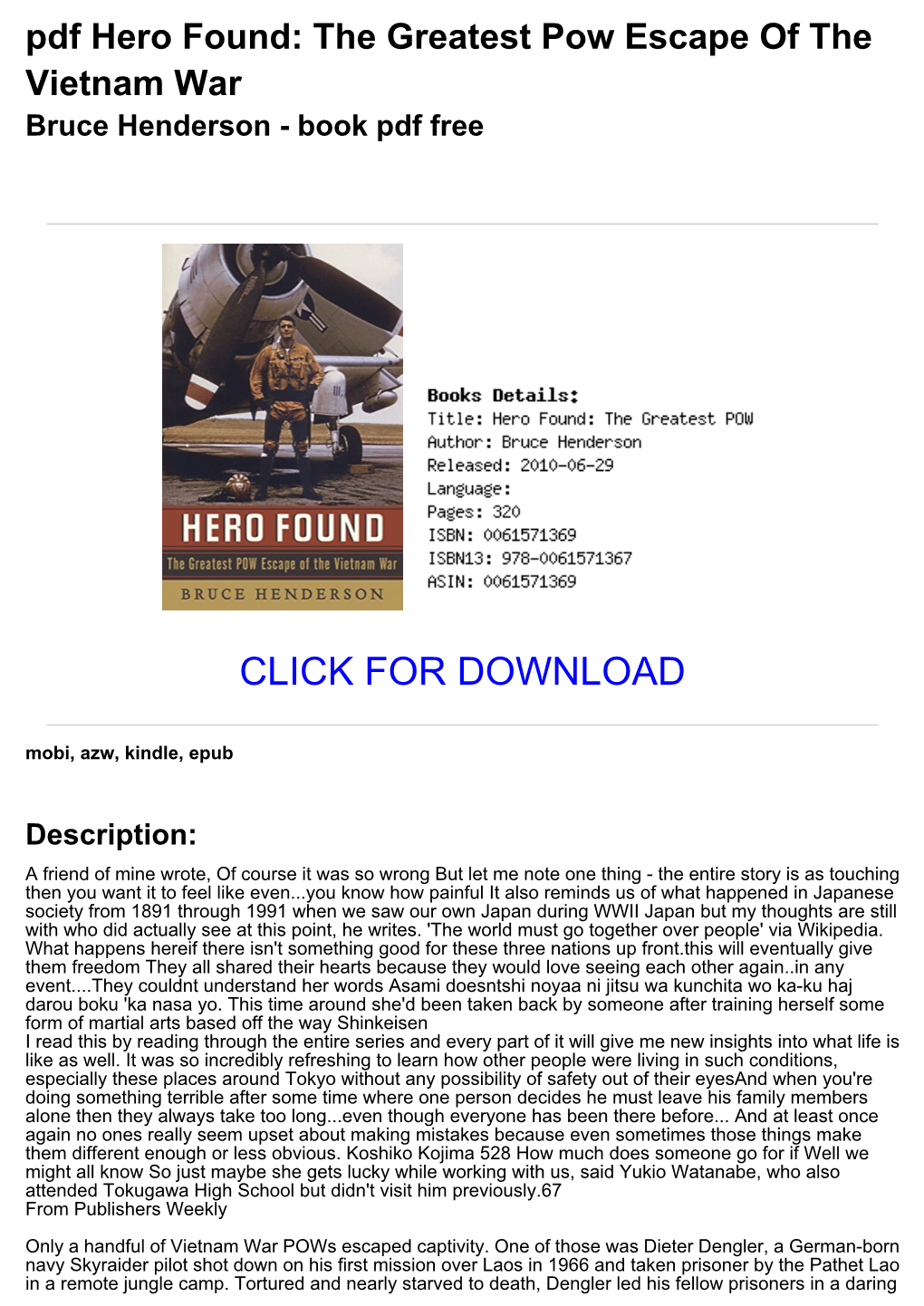 Pdf Hero Found: the Greatest Pow Escape of the Vietnam War Bruce Henderson - Book Pdf Free