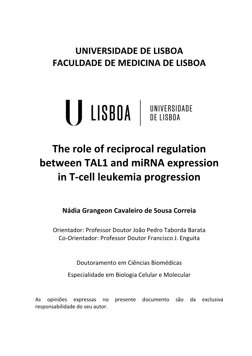 The Role of Reciprocal Regulation Between TAL1 and Mirna Expression in T-Cell Leukemia Progression