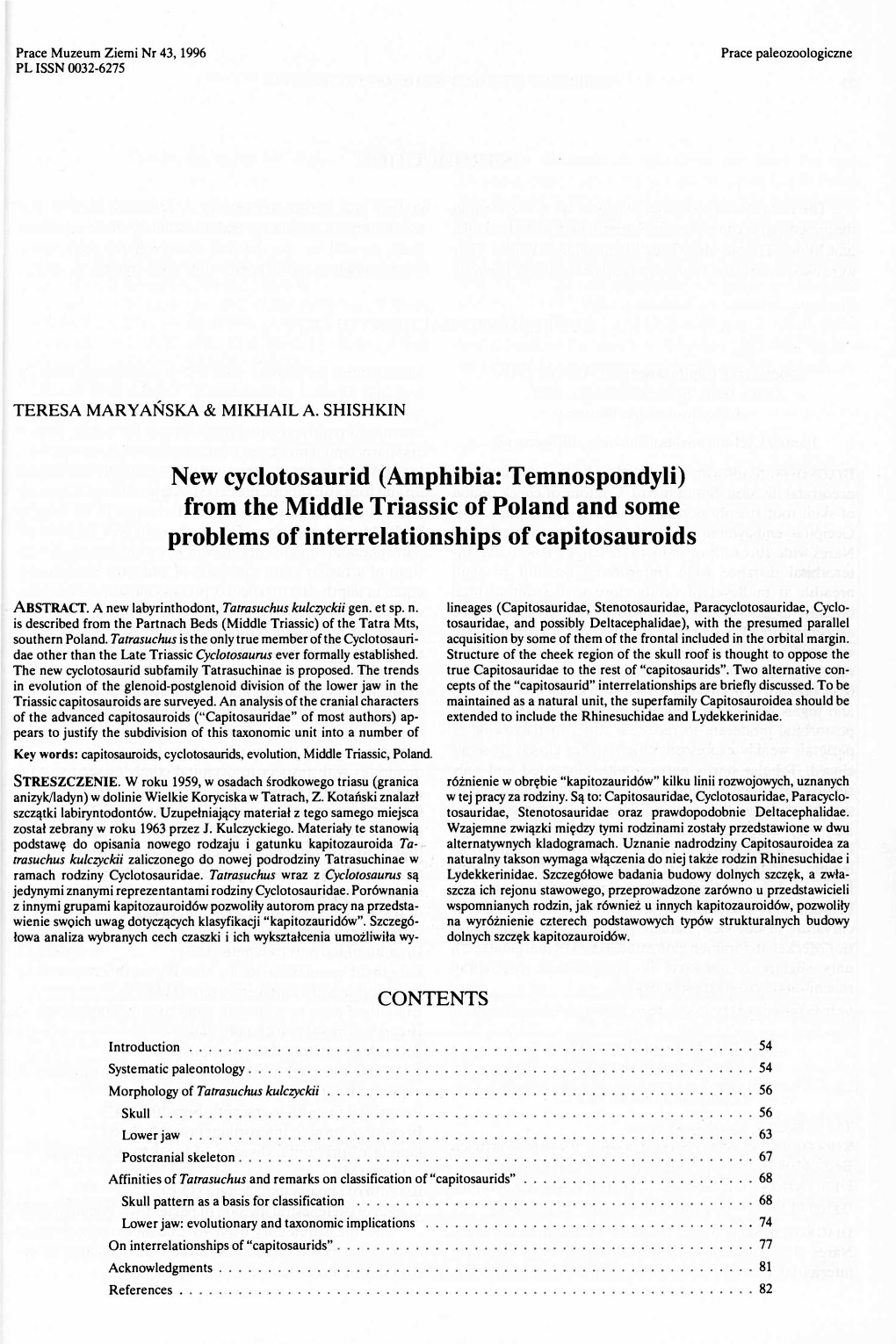 (Amphibia: Temnospondyli) from the Middle Triassic of Poland and Some Problems of Interrelationships of Capitosauroids