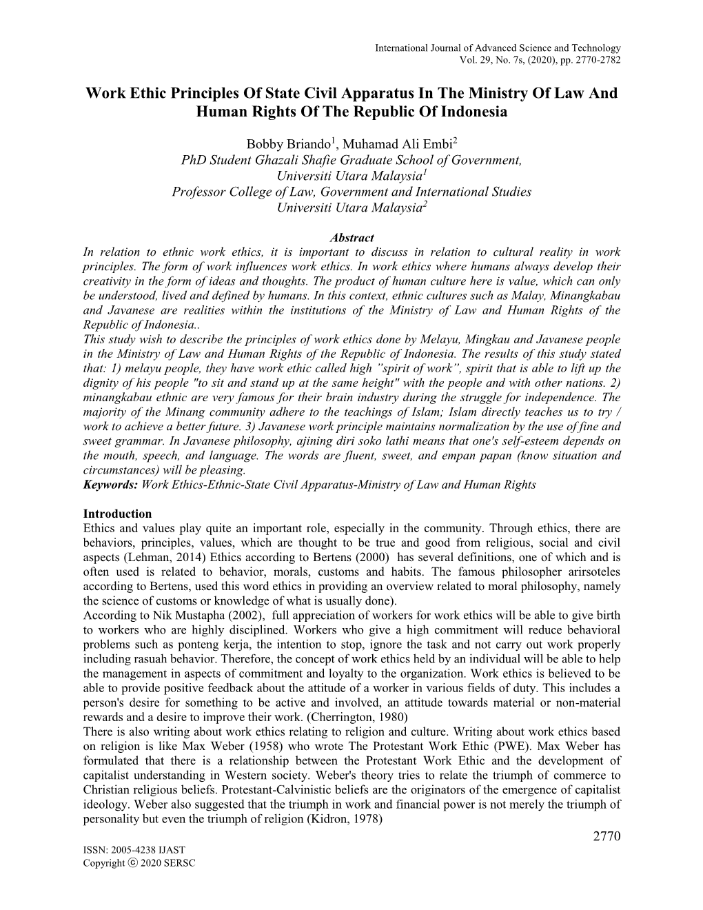 Work Ethic Principles of State Civil Apparatus in the Ministry of Law and Human Rights of the Republic of Indonesia