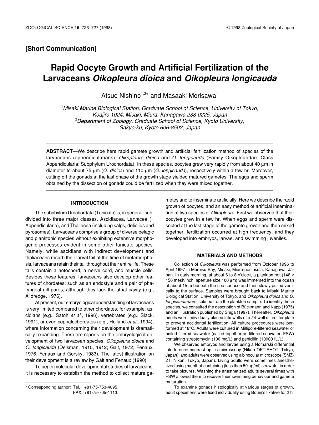 Rapid Oocyte Growth and Artificial Fertilization of the Larvaceans Oikopleura Dioica and Oikopleura Longicauda